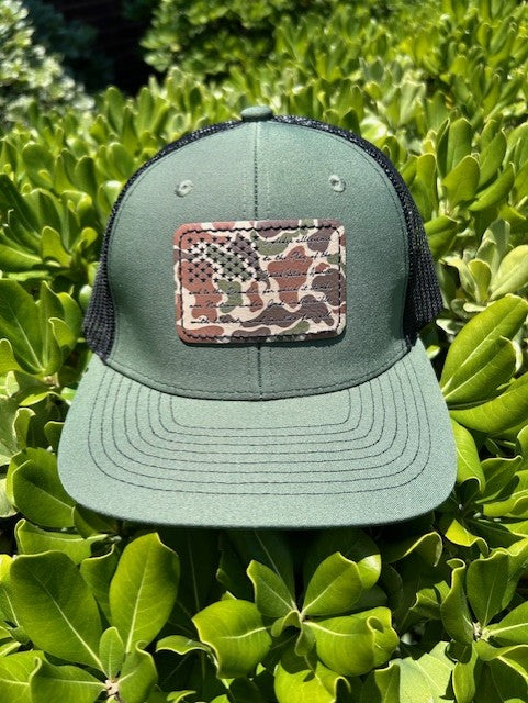 Adult Green/Black Snapback Hat with Premium Camo American Flag Patch