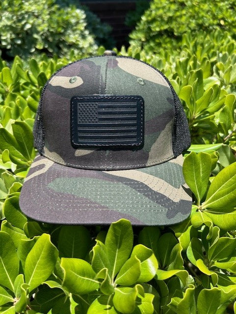 Adult Camo/Black Snapback Hat with Premium Black American Flag Patch