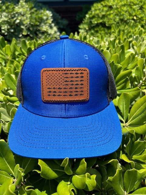 Adult Blue/Black Snapback Hat with American Flag Fish Patch